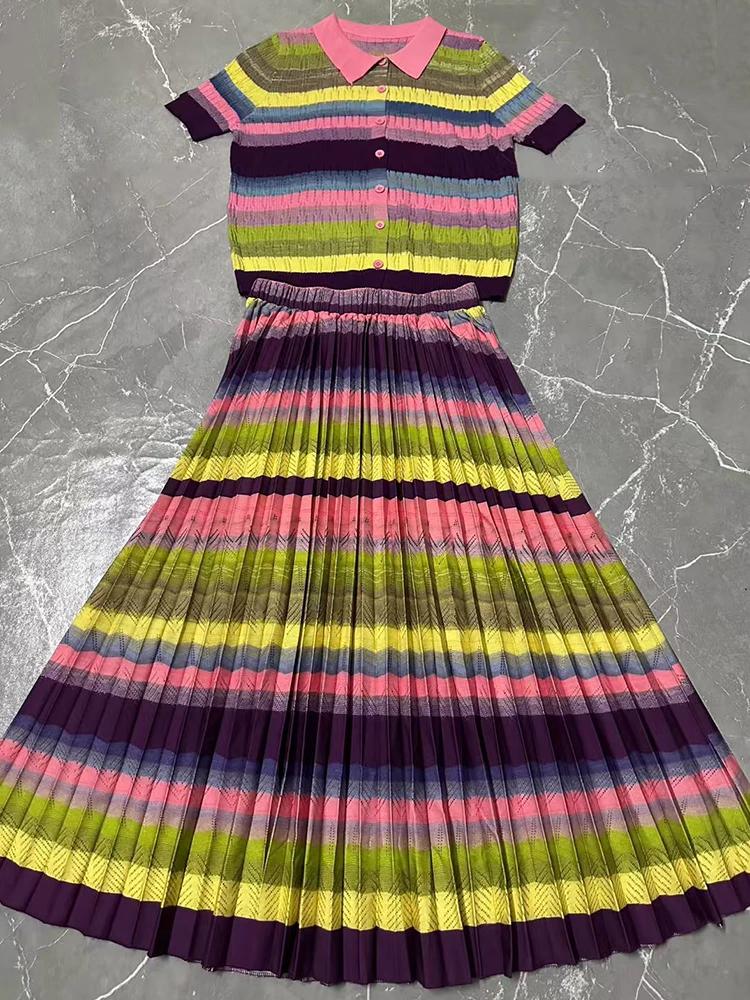 Ensemble deux pièces tricoté élastique rayé couleur rétro : cardigan et jupe plissée ample – Collect