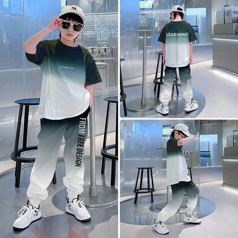 Ensemble Sportif 2 Pièces Tendance pour Garçons : T-shirt Manches Courtes Dégradé & Pantalon Jogger