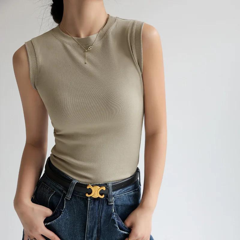 Camisole gilet pour femmes coton col rond coloré basique sans manches maillot de corps hauts t-shirt