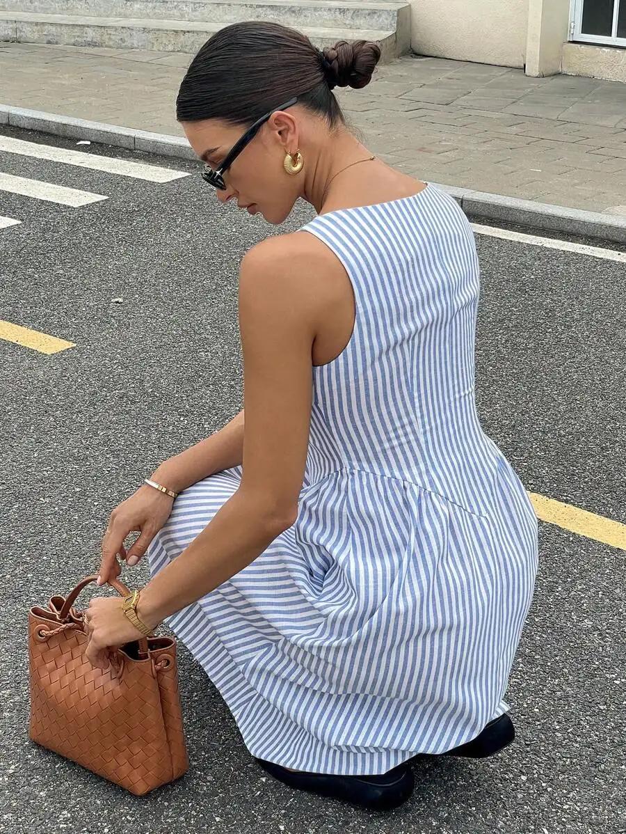 Robe midi sans manches à col carré rayée bleu et blanc pour femmes en coton