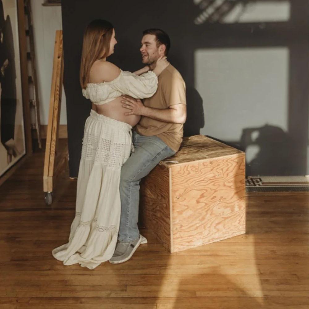 Robe de grossesse bohème pour séance Photo, asymétrique épaule dénudée, manches longues, deux pièces