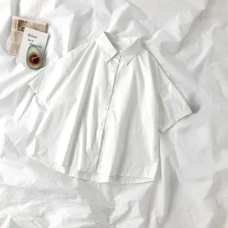 Chemise blanche pour femmes, chemisier à revers à manches courtes avec cravate, mode japonaise pour