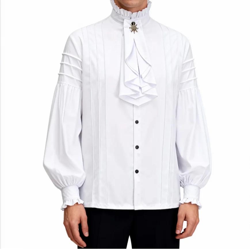 Chemise en coton blanc pour homme, col montant à volants, manches longues lanterne, Pirate Cosplay,