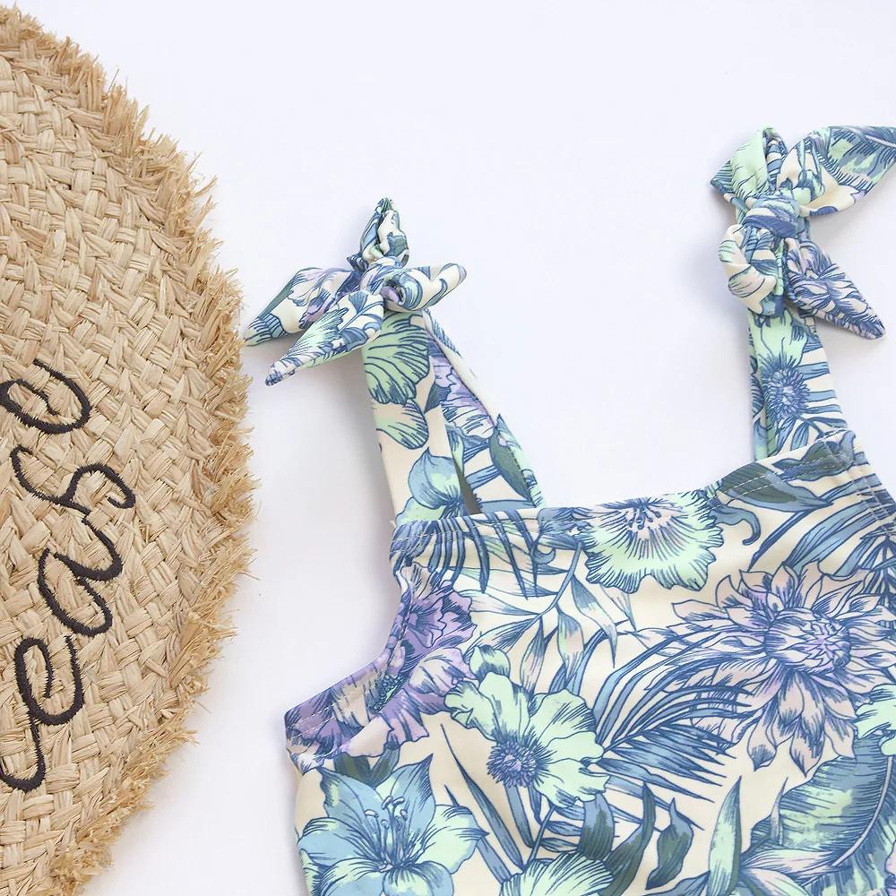Été fleur imprimé filles enfants une pièce maillots de bain maillot de bain nœud déco enfants plage