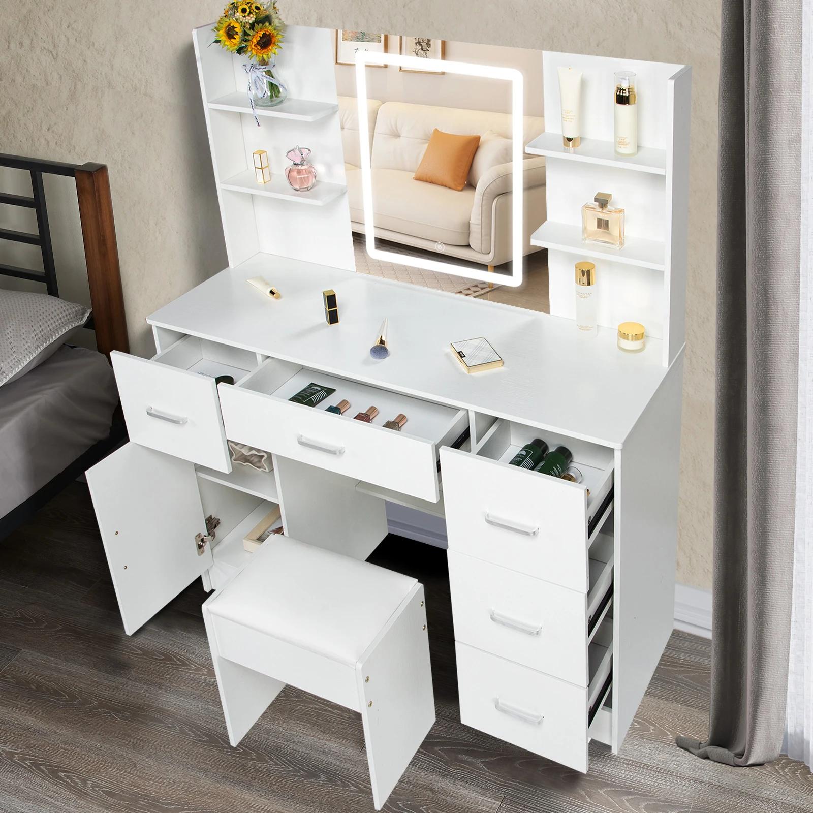 Table de maquillage avec égouts de proximité, ensemble de bureau de vanité avec étagères, commode et