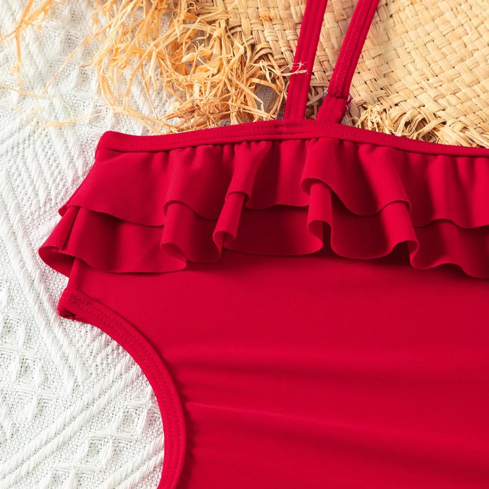 Maillot de bain une pièce rouge rétro à volants pour adolescentes 5-14 ans - Vêtement plage été