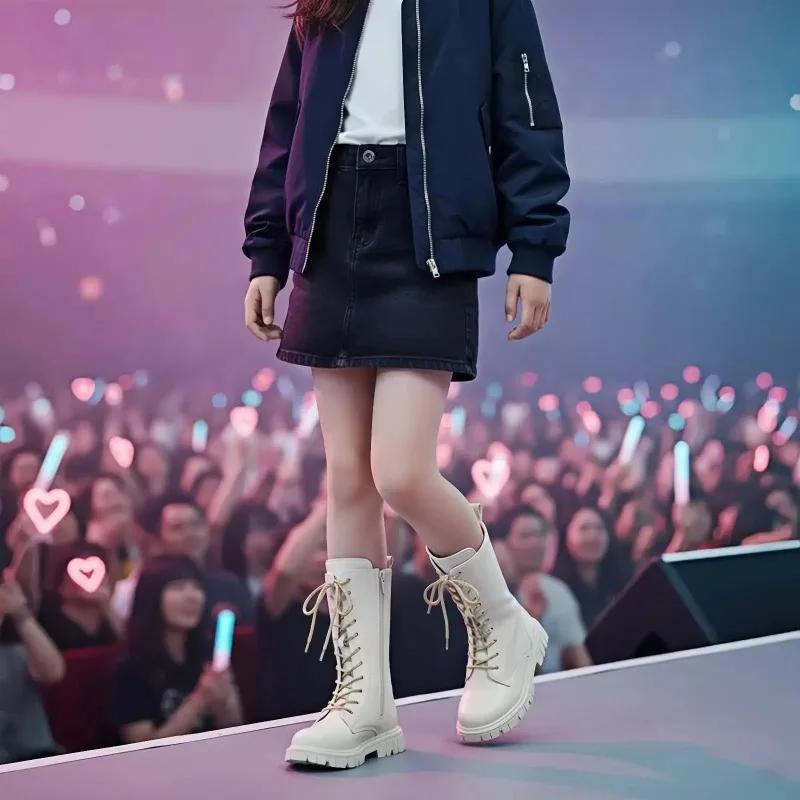 Bottes mi-mollet en cuir blanc à lacets pour filles, avec fermeture éclair latérale, semelle souple,