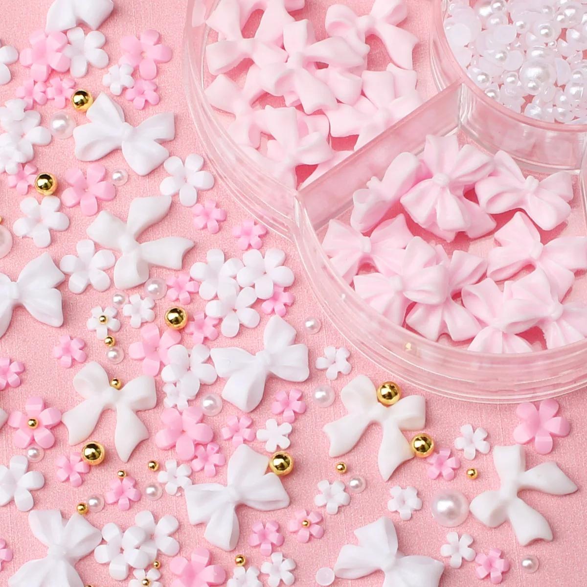 Kit de décorations pour ongles avec nœud floral 3D, 1 boîte, rose/blanc, acrylique Floral/perles de