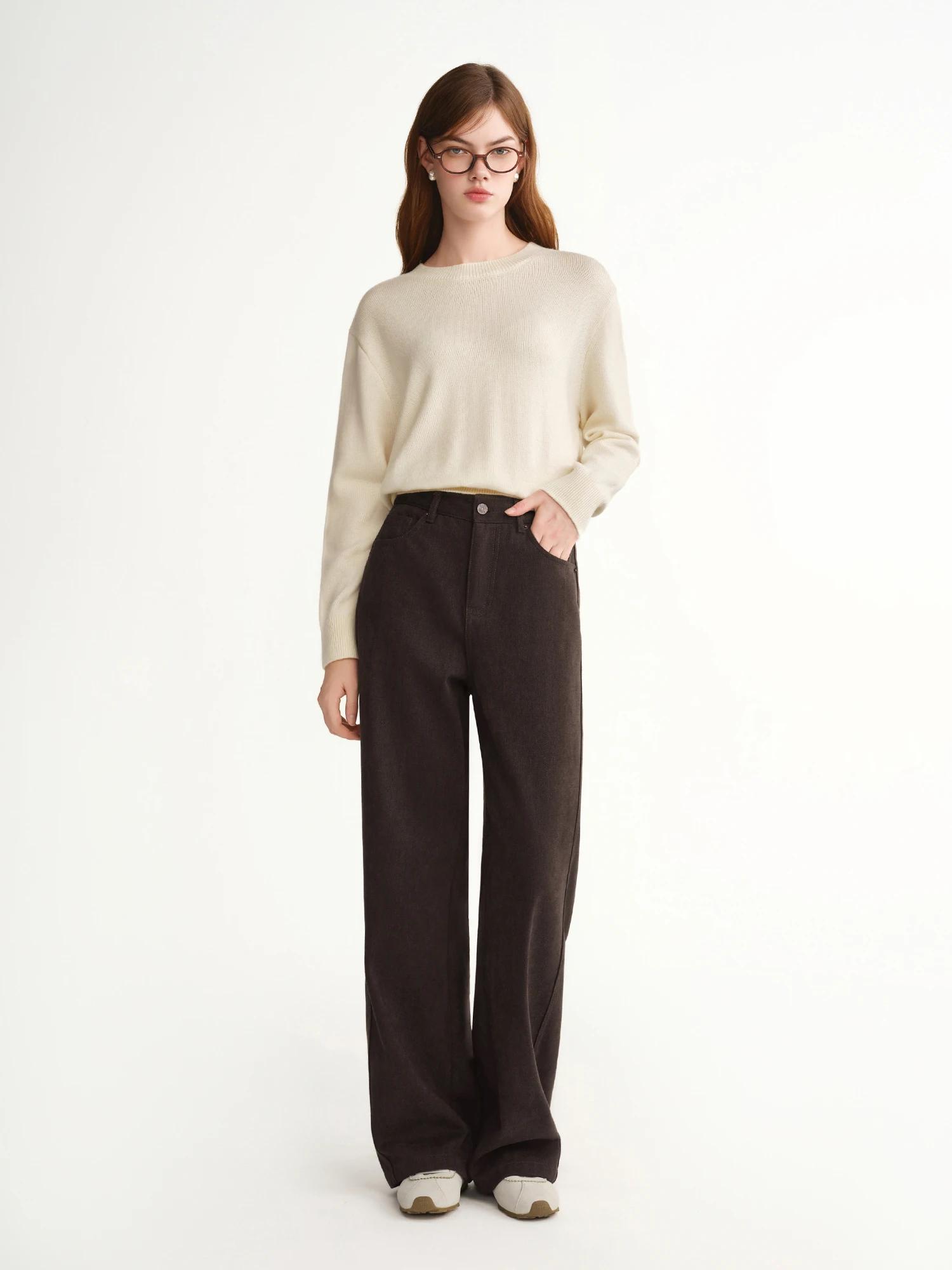 DUSHU 2025 Pantalon droit taille haute à jambes larges pour femme - Pantalon décontracté de bureau a