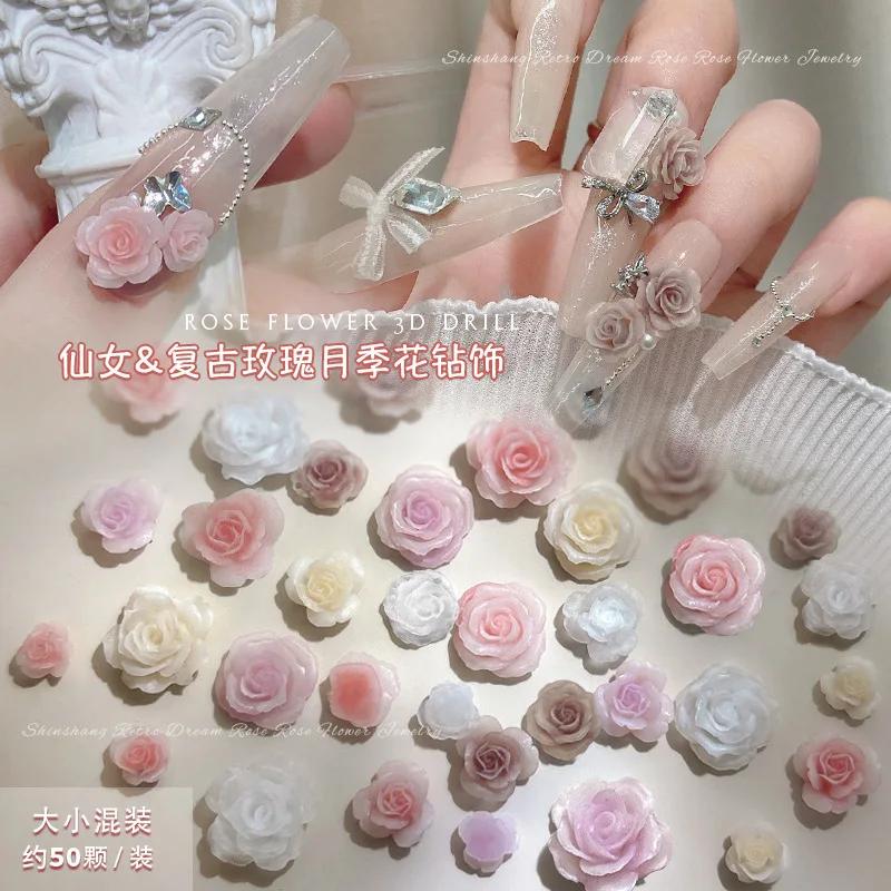 50 pièces 3D mélange de tailles belles fleurs de roses en fleurs résine adhésive Nail Art strass déc