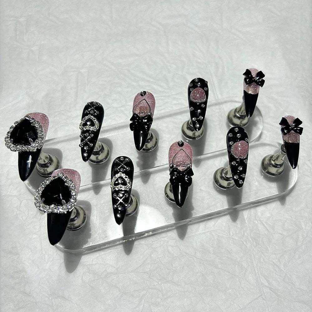 10 pièces Y2K Gyaru Kei noir rose longue pointe à la main presse sur les ongles Jirai arc amour diam