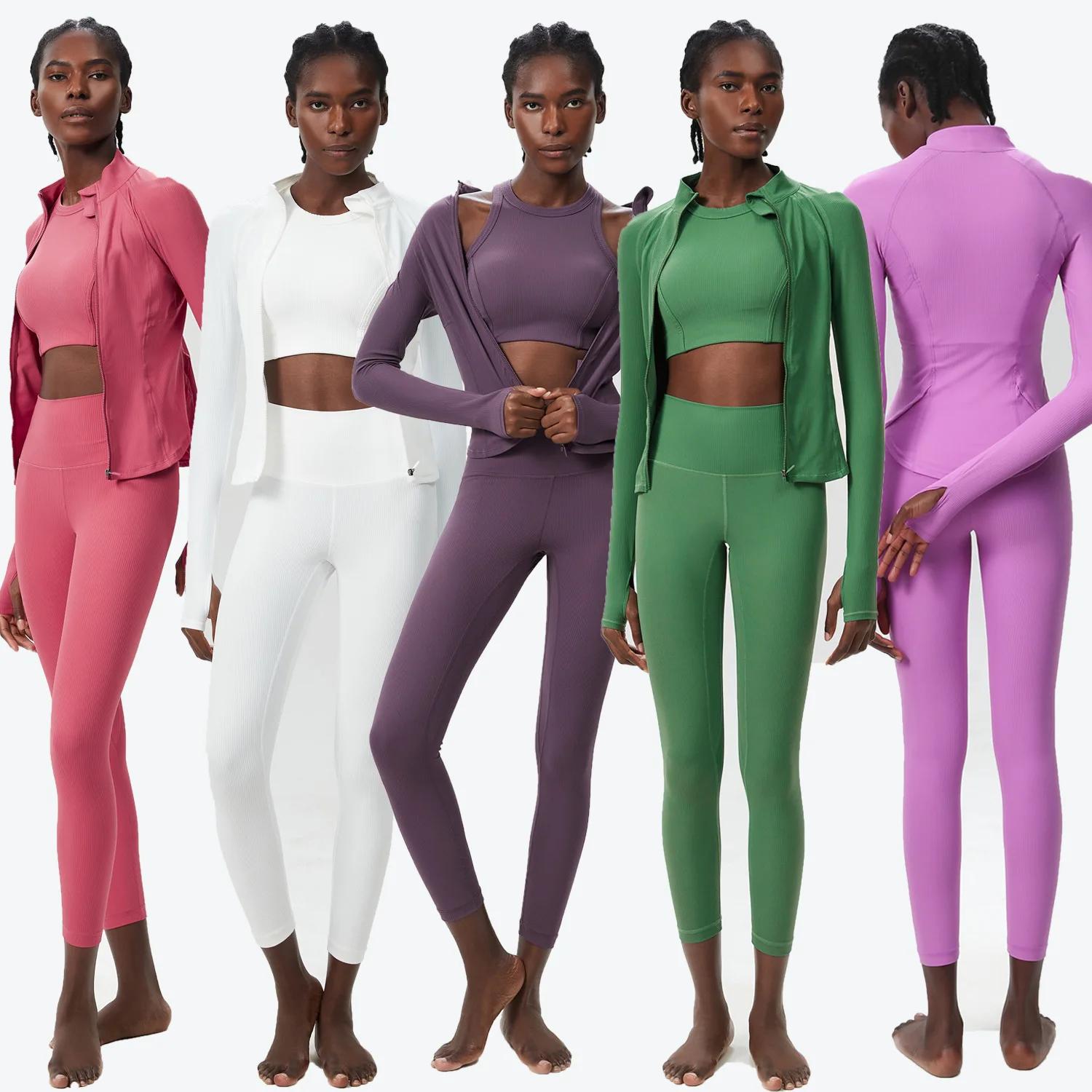 Ensemble yoga 3 pièces femme couleur unie côtelé - Combinaison manches longues respirante pour gymnastique et running