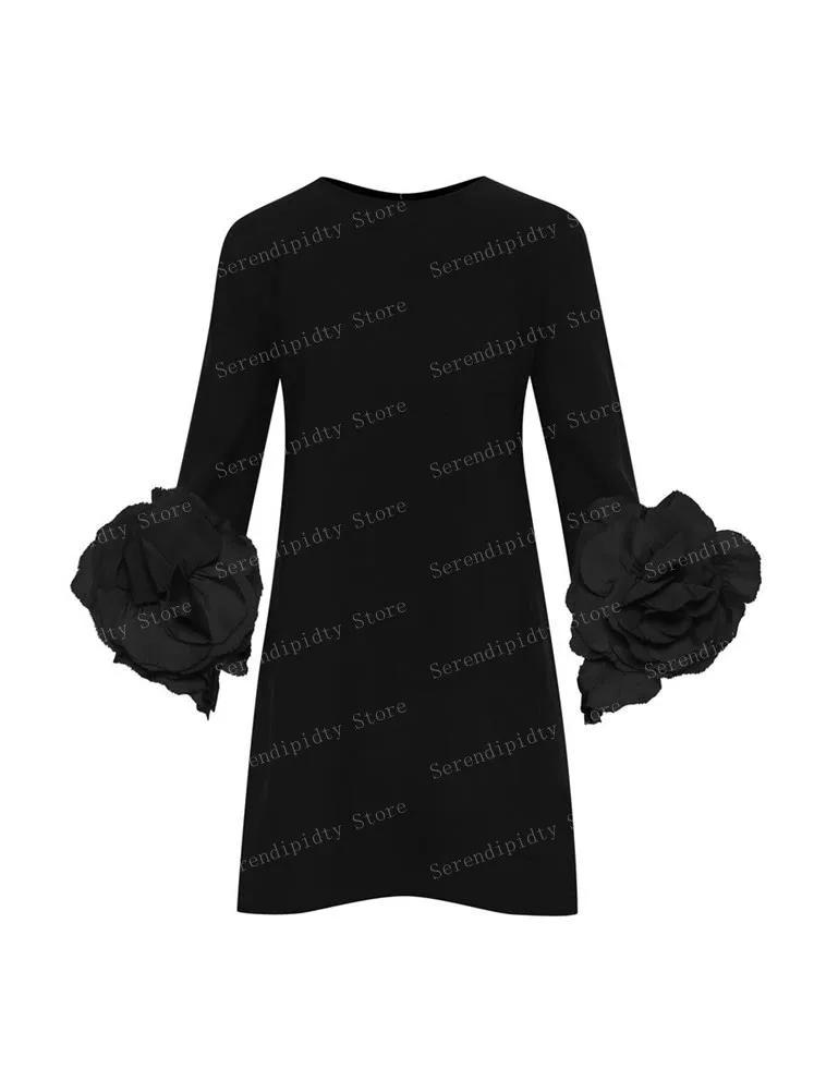 Robe en Satin à col rond pour femmes, manches longues, robe droite à fleurs, mini-robe à roses noire