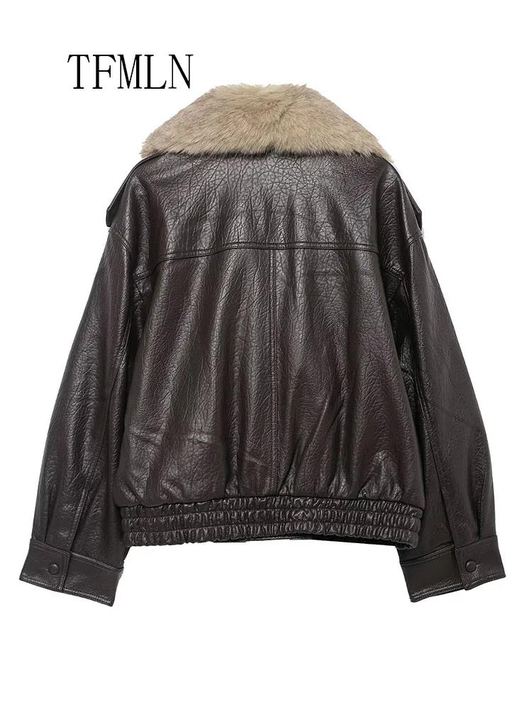 TFMLN 2025 hiver femmes veste en simili cuir ample mode retiré grand col de fourrure manteau décontr