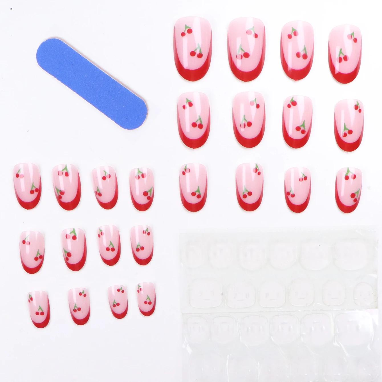24 pièces mis à niveau votre look avec un ensemble de faux ongles cerise amande à bords rouges 1 lim