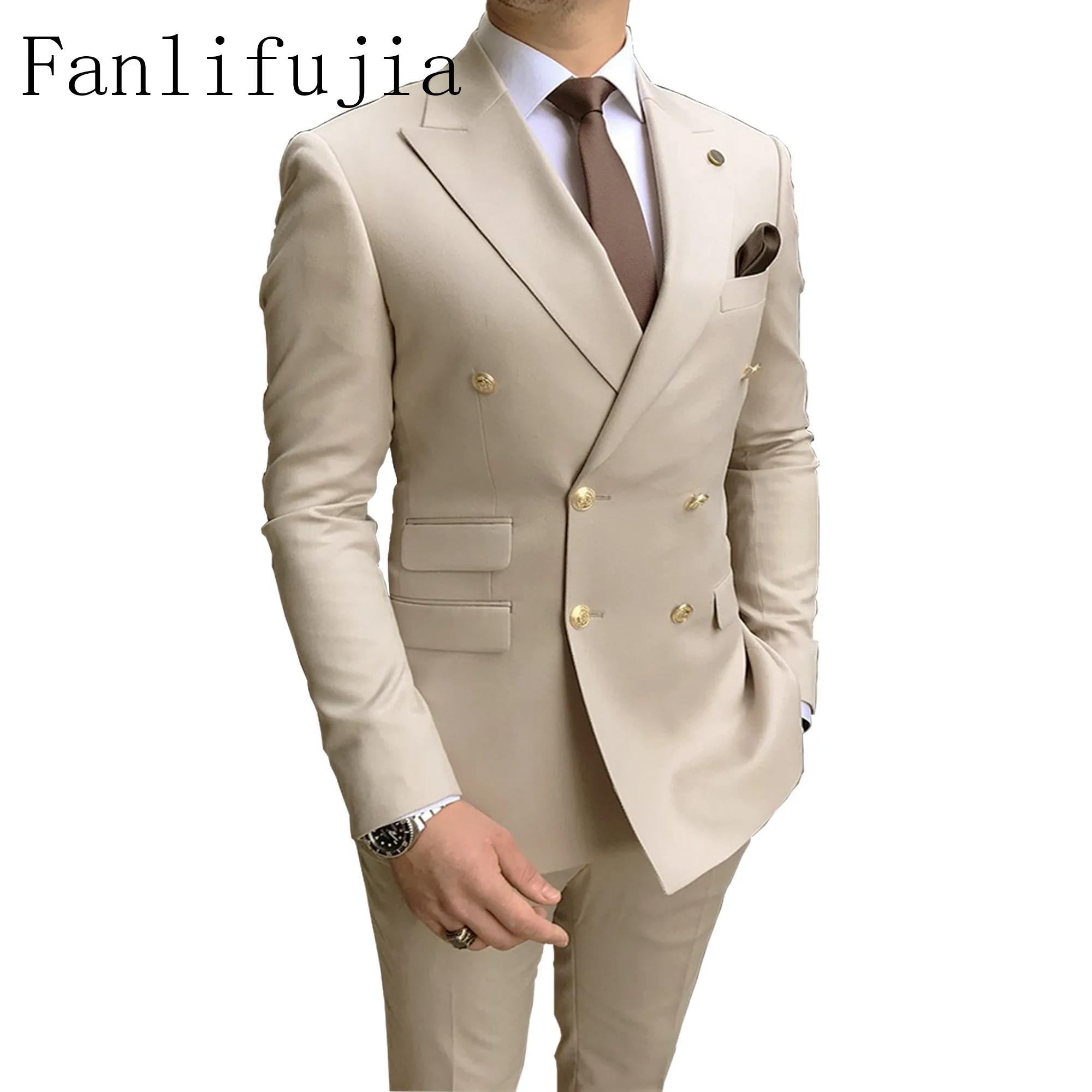 Fanlifujia-Costumes décontractés bleu ciel pour hommes, revers Patricia à double boutonnage, bouton