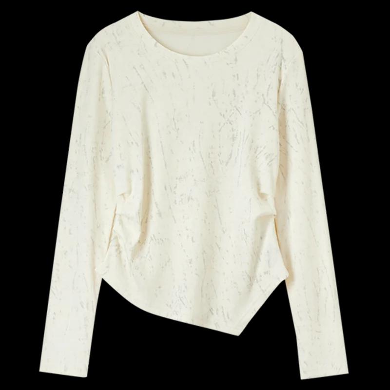 T-shirt en coton imprimé SENTUBILA pour femme, plissé irrégulier, tricoté, col rond, manches longues