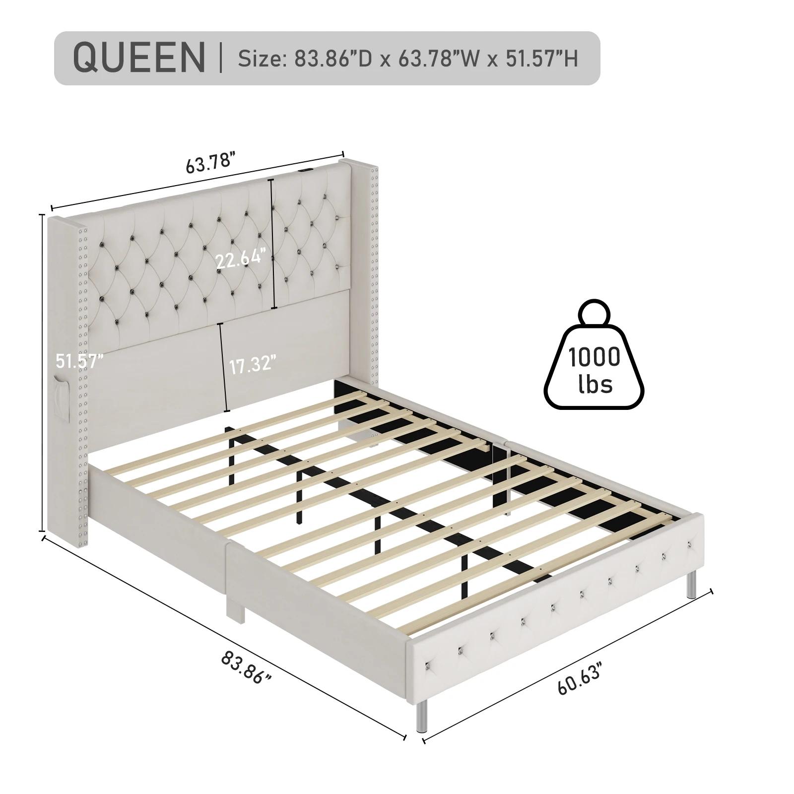 Cadre de lit capitonné à LED Queen avec planche de sauna à oreilles, bouton en velours et diamant, p