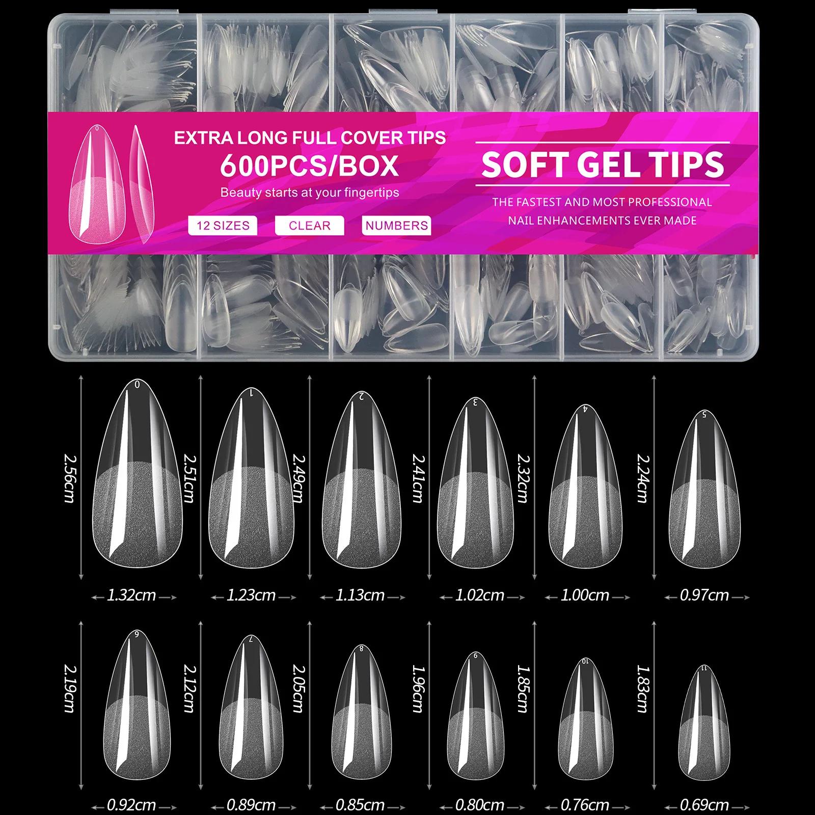 100/600 faux ongles courts en forme d'amande, en gel souple, couvrants, pour ongles en acrylique, à