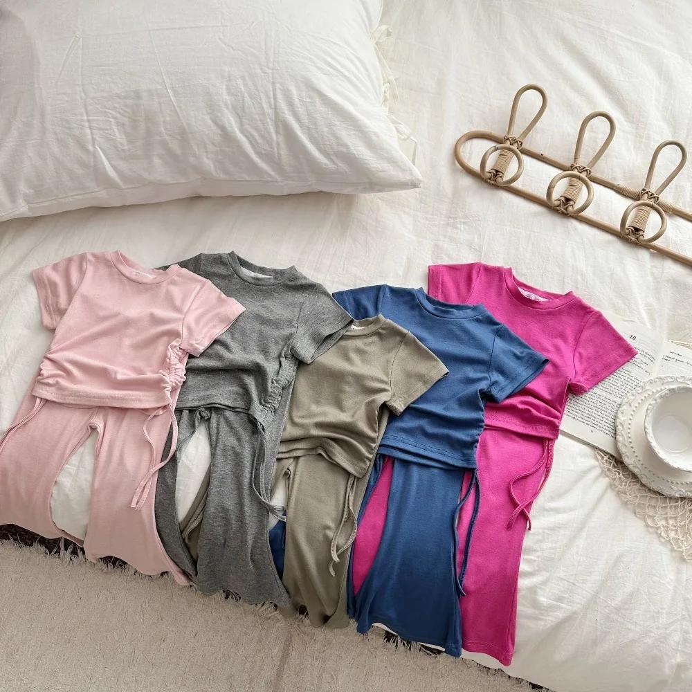 Bear Leader – ensemble d'été pour bébé fille, Version coréenne, couleur unie, col rond, haut avec co