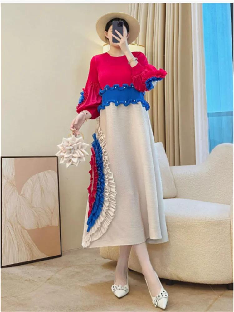 Miyake cravate fleur conception femmes robe plissée col rond à manches longues Colorblock Patchwork