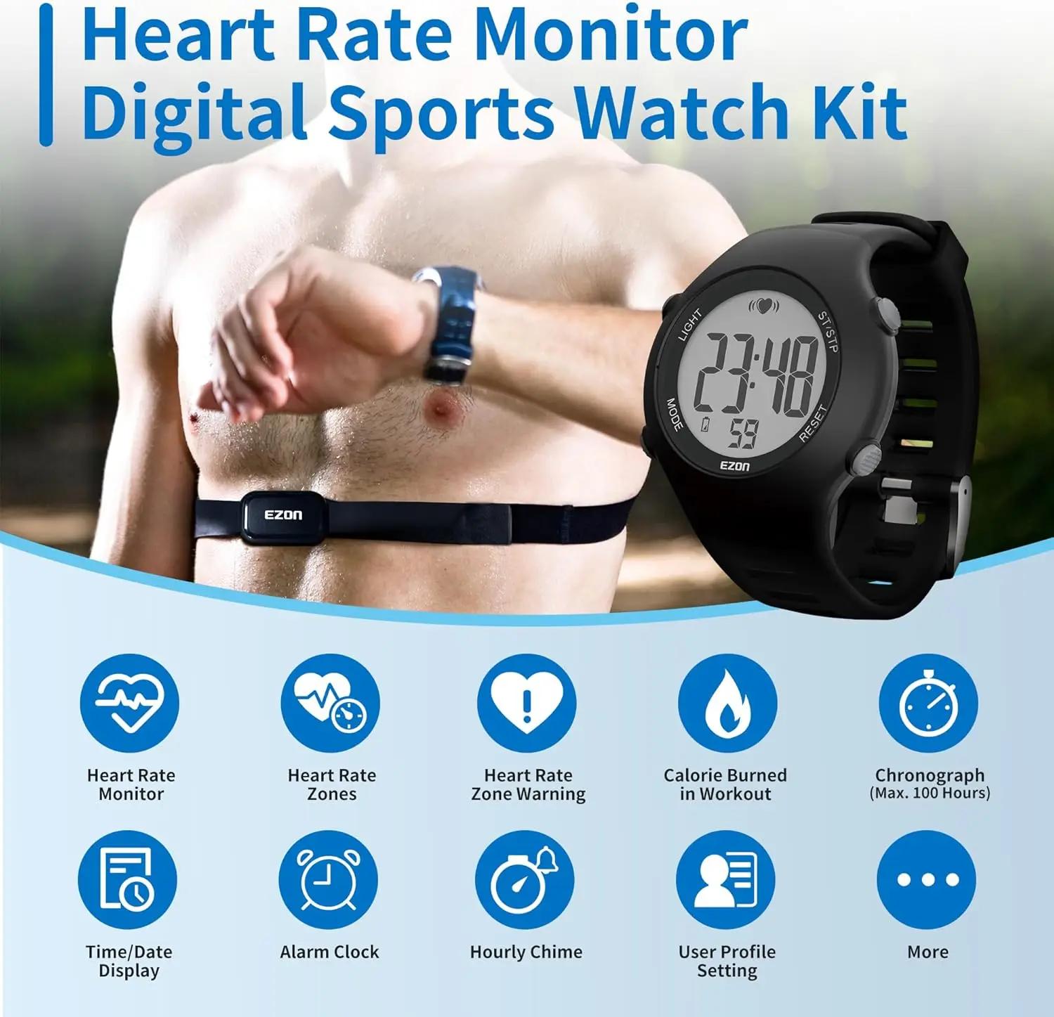 Montres numériques de sport avec sangle de poitrine pour hommes et femmes, moniteur de fréquence car