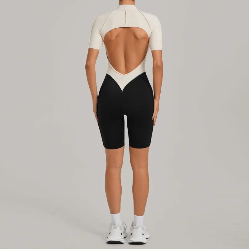 Combinaison de sport une pièce à fermeture éclair pour femme, dos en V, sans manches, dos nu, pour y