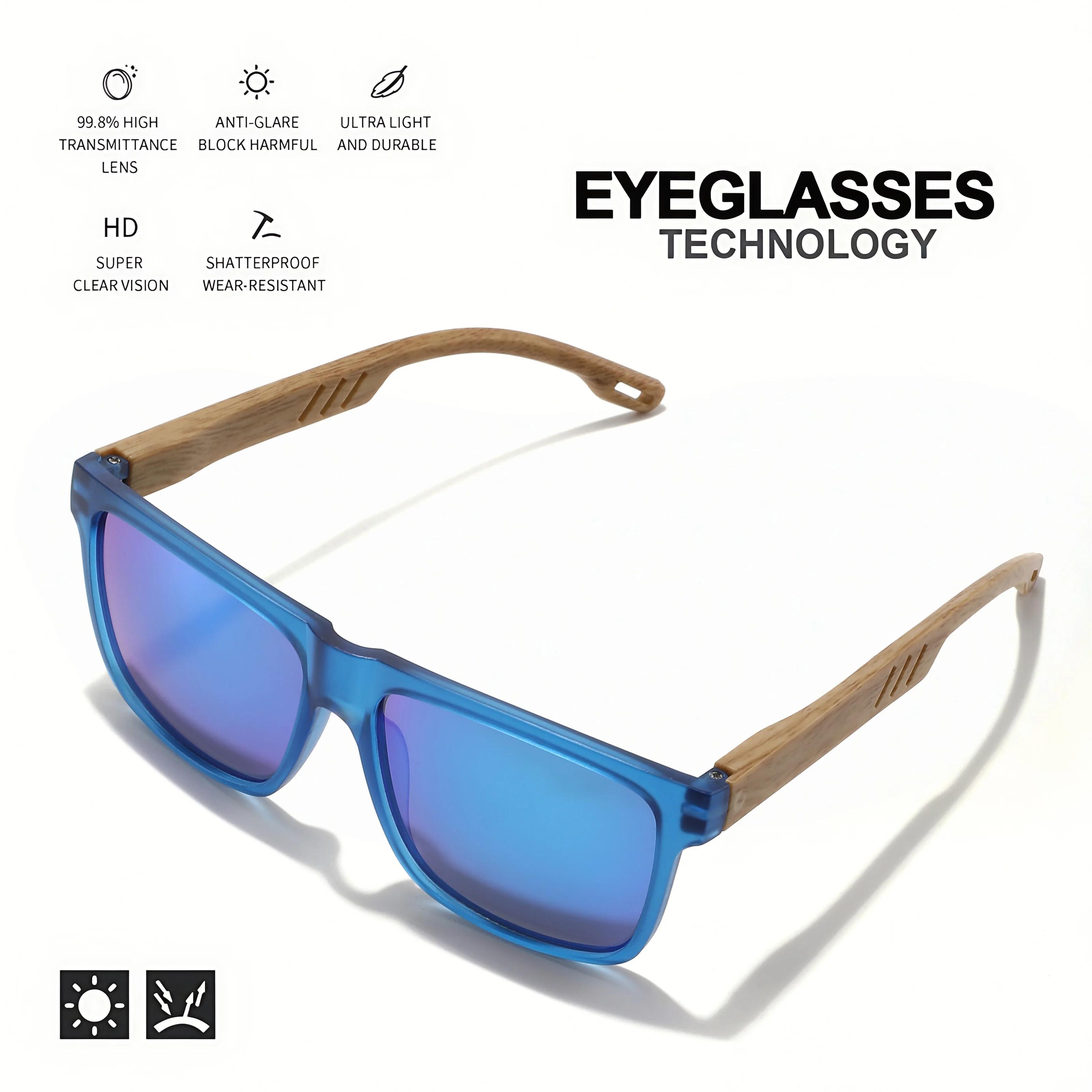 Lunettes de soleil à charnière à ressort en grain de bois, monture carrée rétro classique, confort u