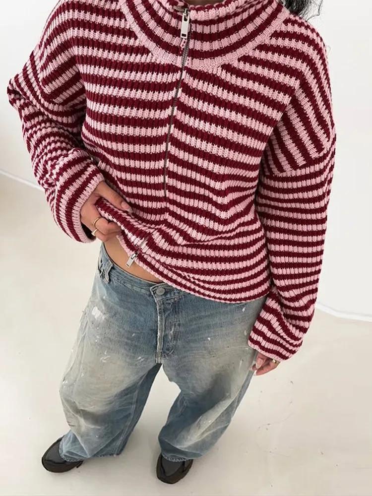 Cardigan décontracté en maille rayée pour femme, avec double fermeture éclair, manches longues, col