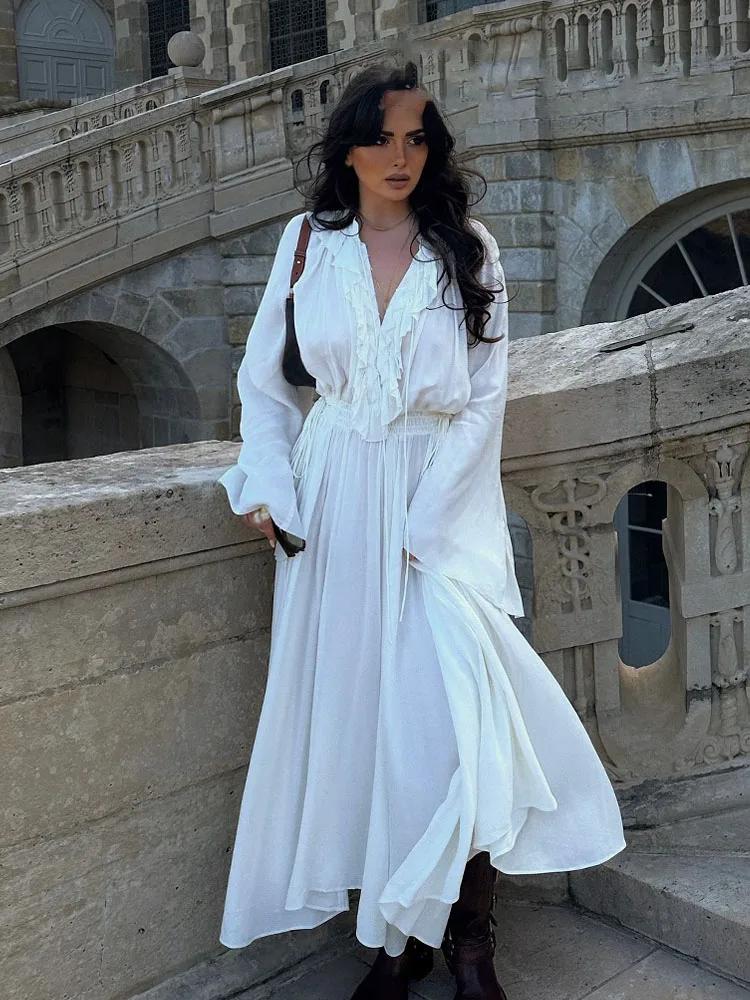 HH – robe longue de plage pour femmes, blanche, col en v, manches longues, bord à volants, décoratio