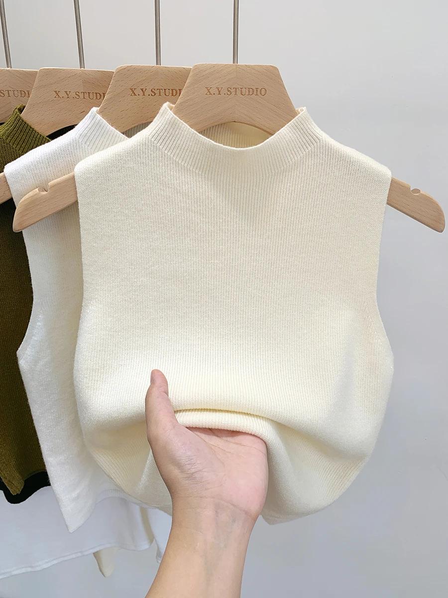 Femmes tricoté débardeur été automne mince pull court sans manches solide printemps automne chandail