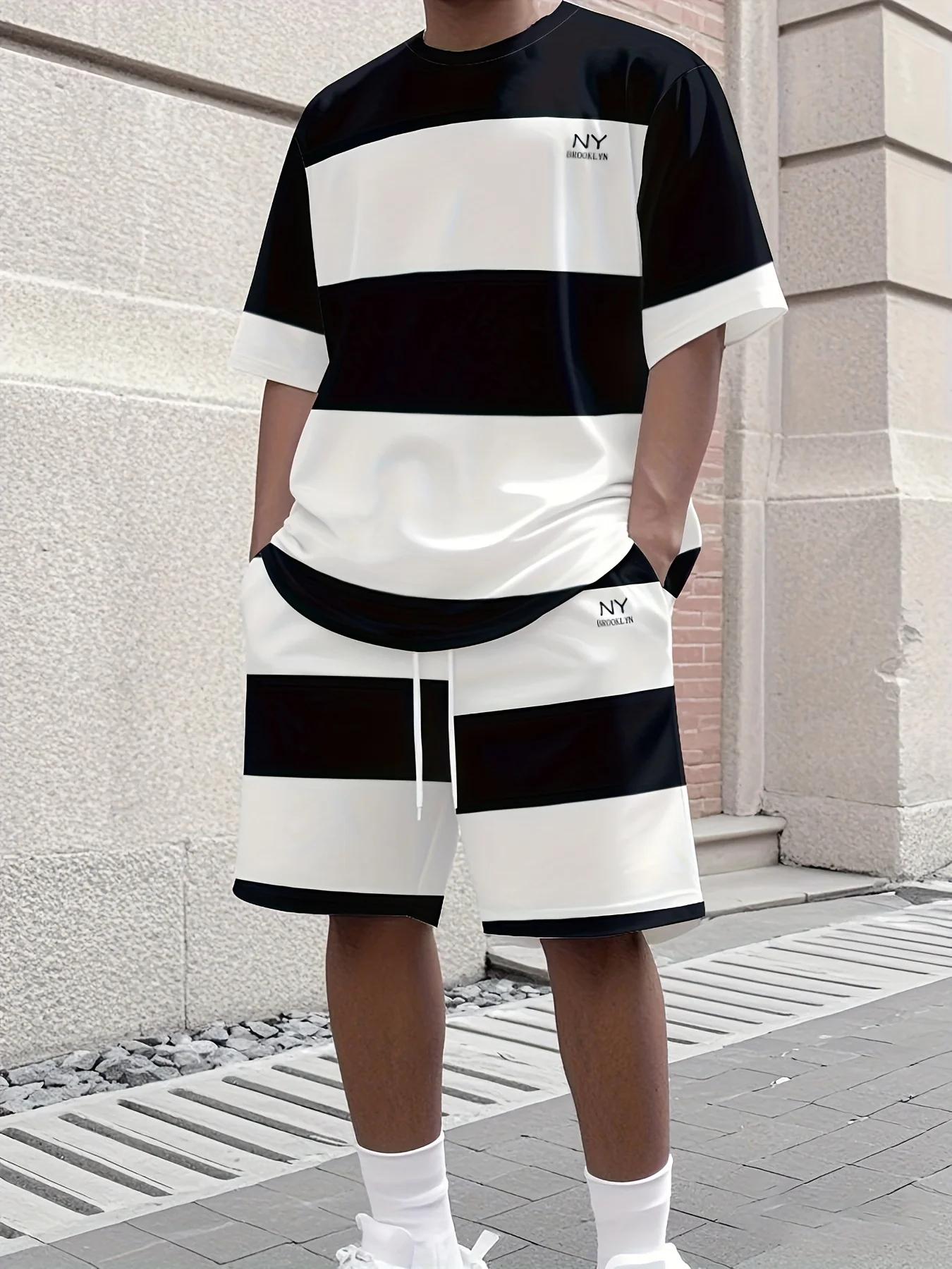 À la mode hommes été rayé imprimé micro élastique respirant col rond T-shirt ensemble short et haut
