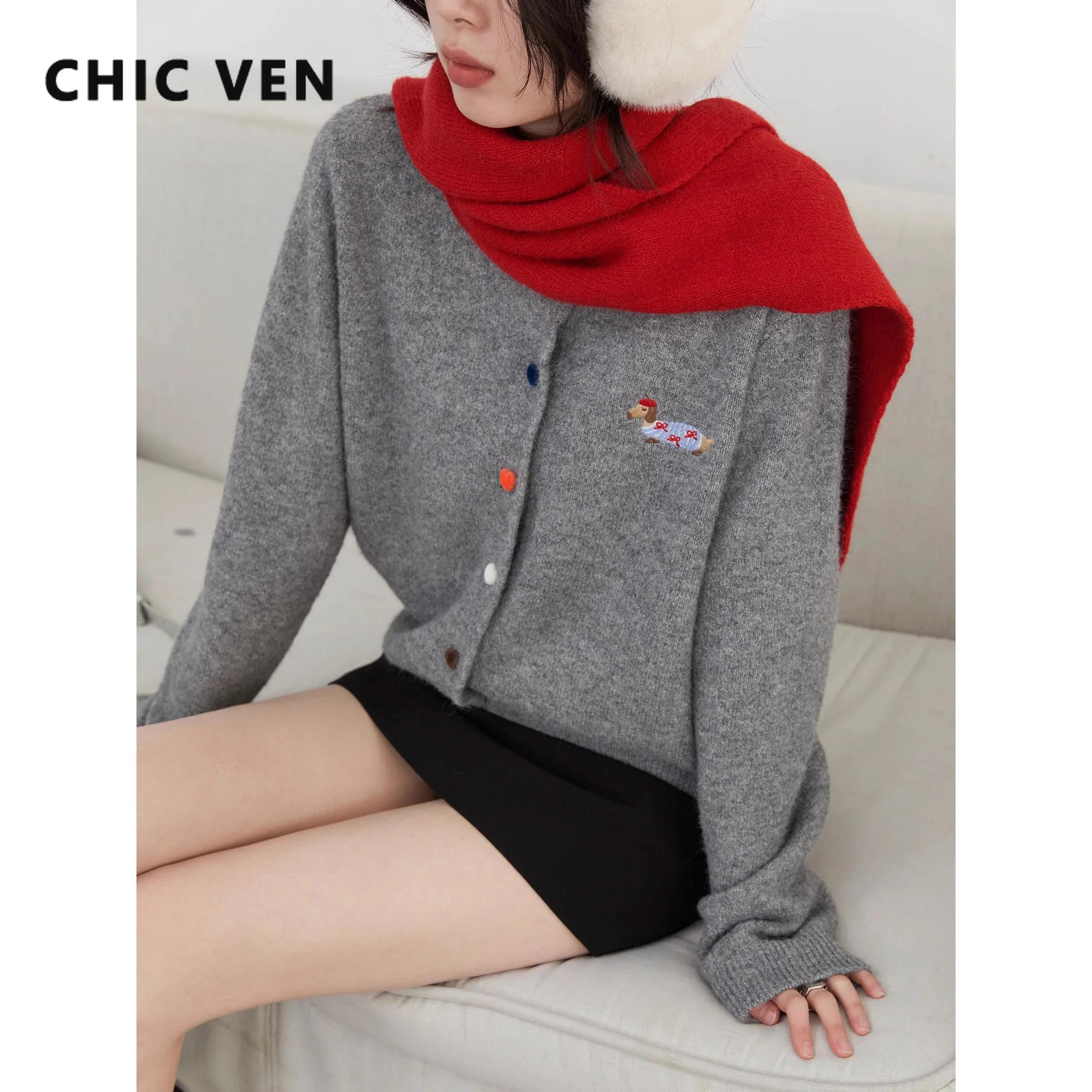 CHIC VEN femmes Cardigan ample décontracté nouveau col rond amour bouton chien broderie tricoté chan