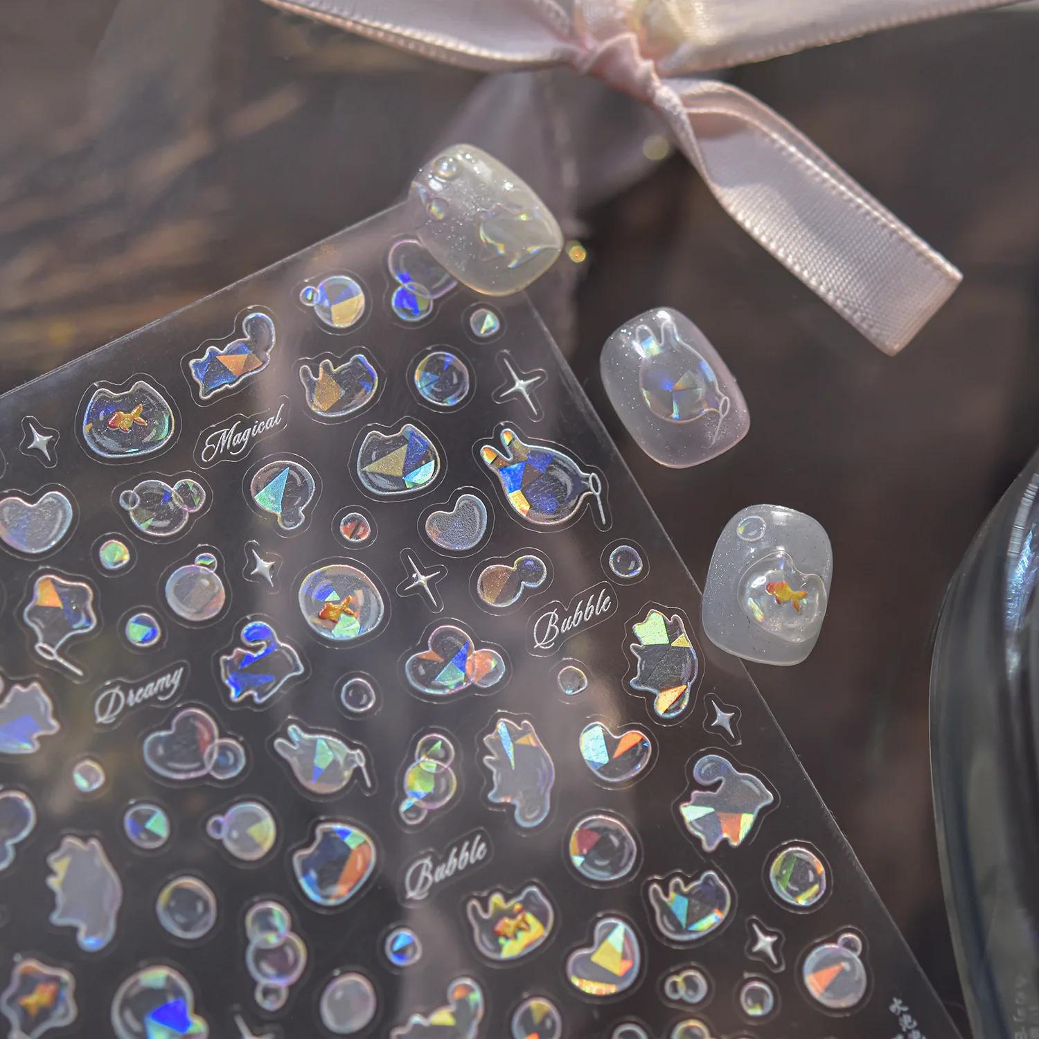 Autocollants de décoration d'ongles à bulles souffantes brillantes, coquille 5D légère, amour chat,