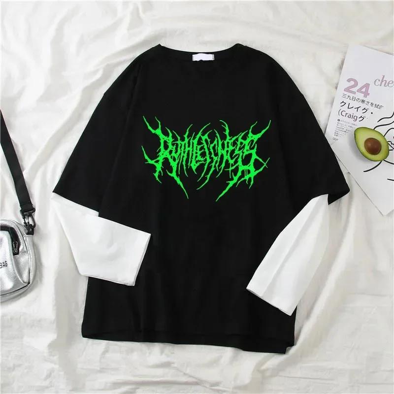 Mode Punk Style foncé imprimé col rond T-shirt Y2K Sport Harajuku mince femmes haut manches longues