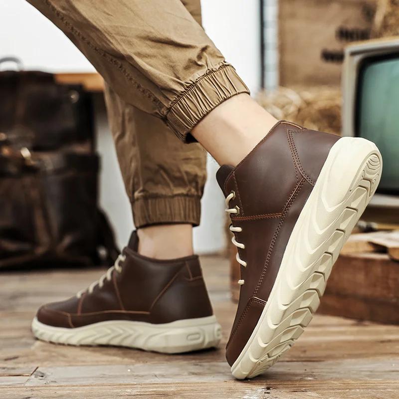Bottes à semelles épaisses pour hommes, chaussures décontractées marron à lacets, bottines de randon