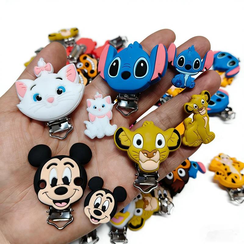 Lot de 2 clips en silicone Dumbo, Marie, Miss Bunny, Simba, Stitch, perles focales pour chaînes de s