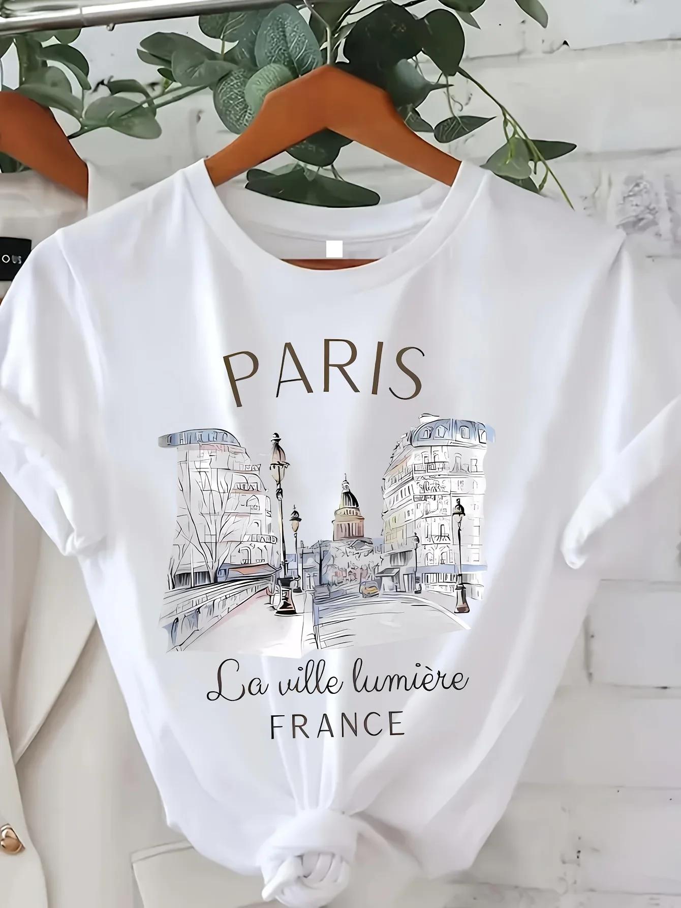 Années 90 T-shirt Paris Femmes Imprimé T-shirt Fille Manches Courtes Col rond Haut Décontracté pour