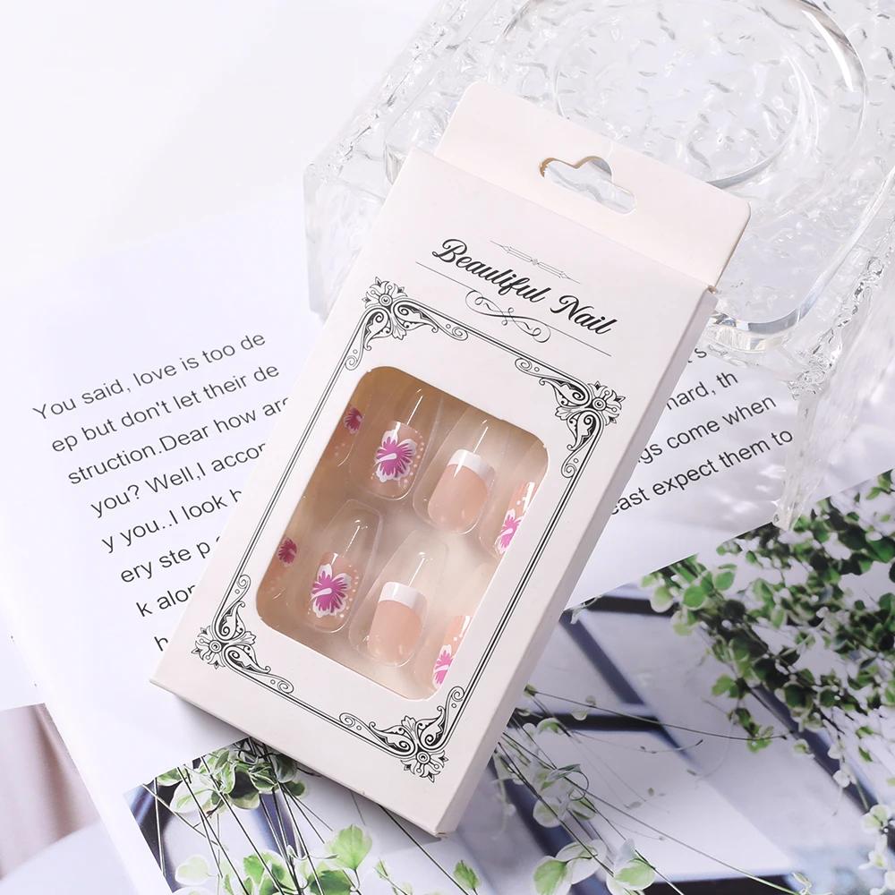24 pièces blanc rose fleur acrylique faux ongles court carré français faux ongles portable couvertur