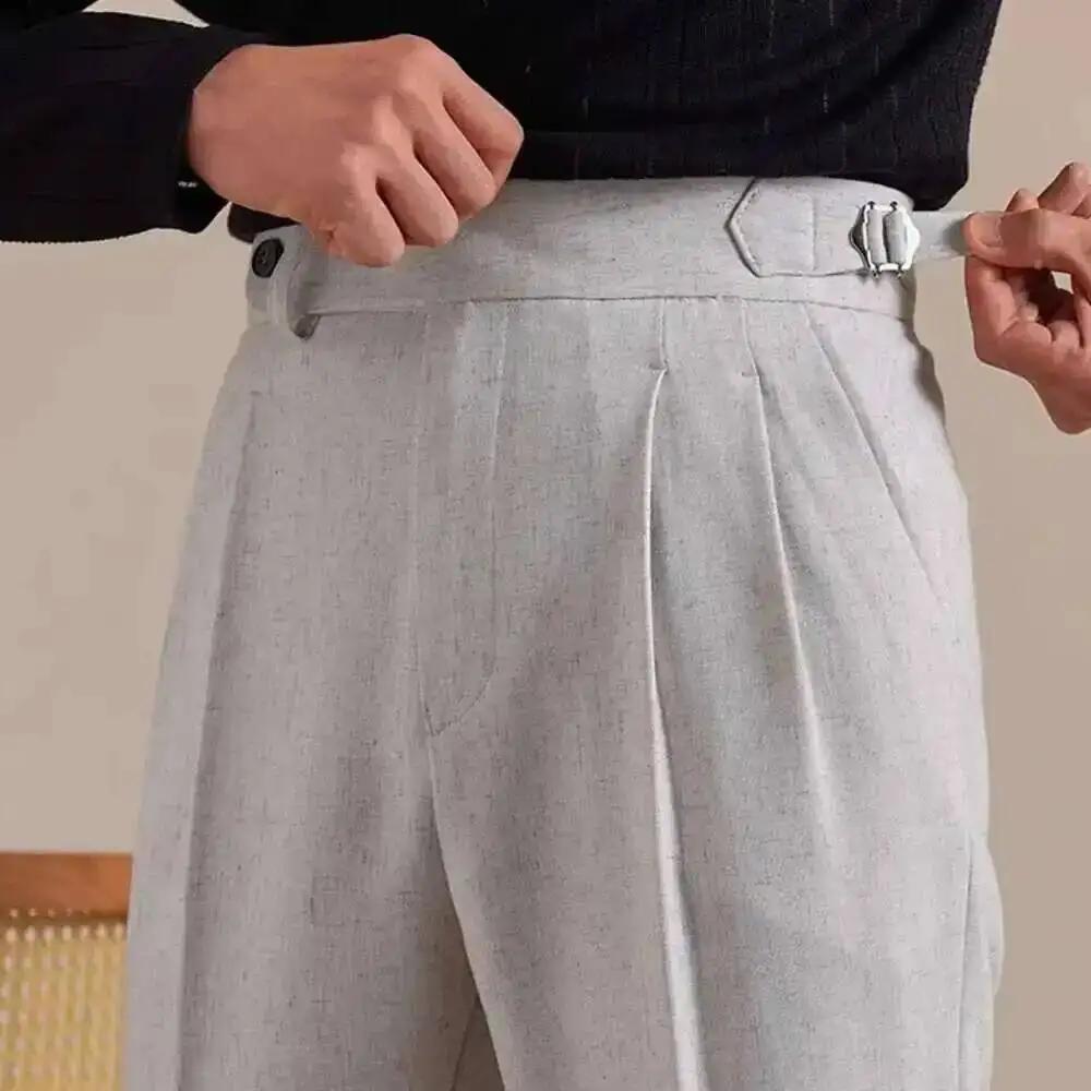 Naples taille haute lin Pantalon de Costume hommes respirant jambe droite Pantalon de bureau hommes