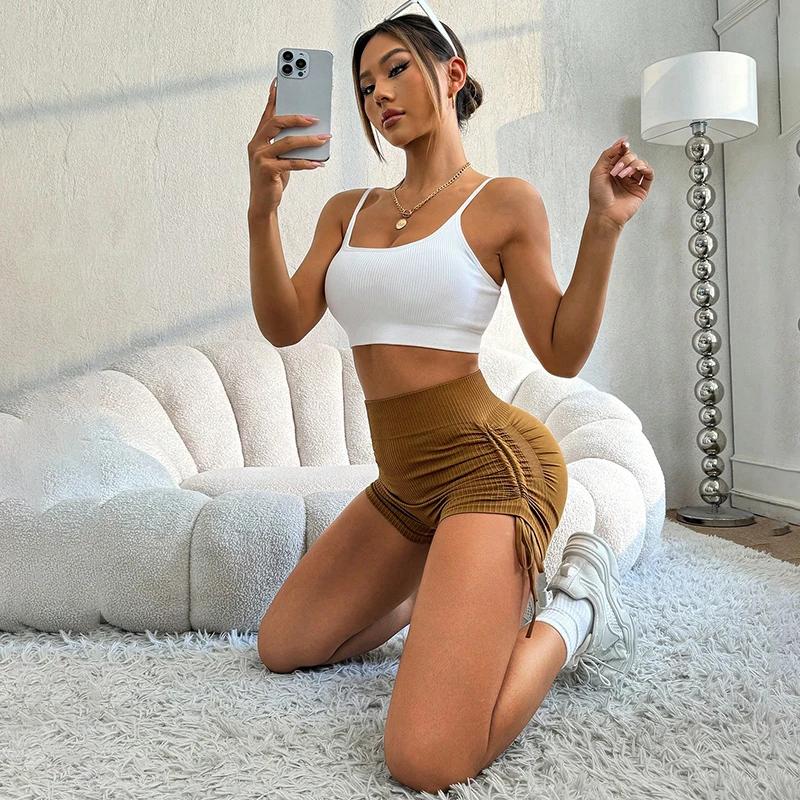 Short d'entraînement froissé pour femmes, taille haute, butin de levage, gymnastique, Yoga, motard
