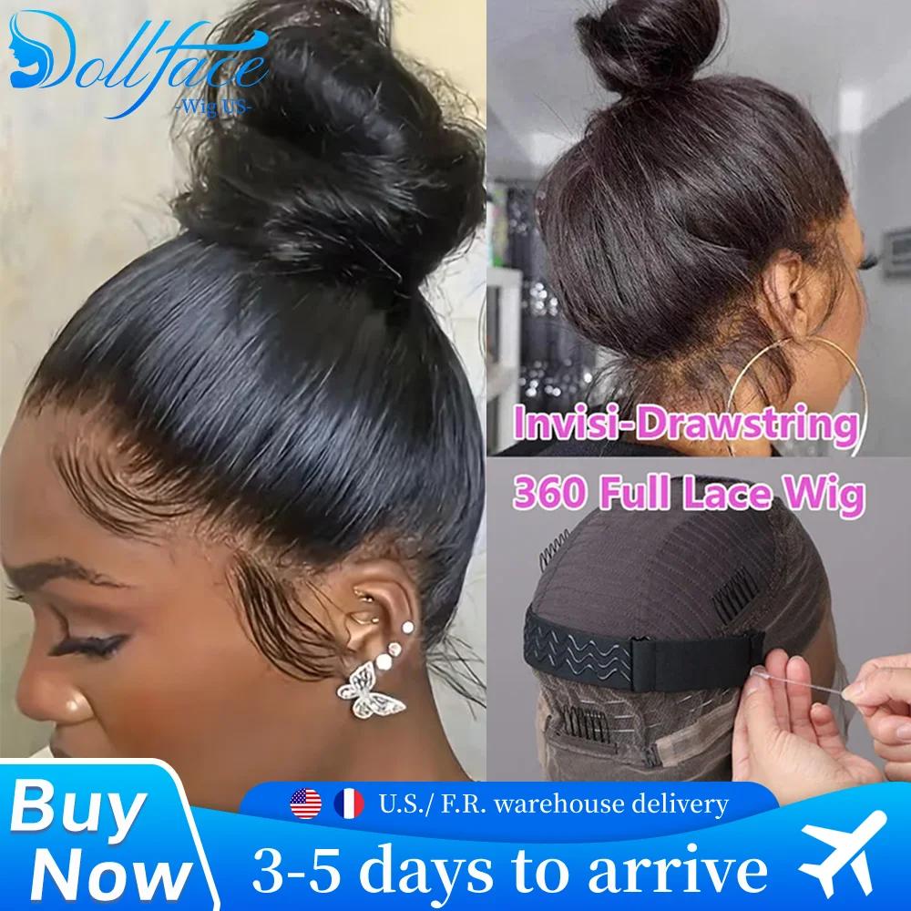 Perruque Lace Wig 360 Full Hd, cheveux naturels lisses, sans colle, avec cordon de serrage Invisible