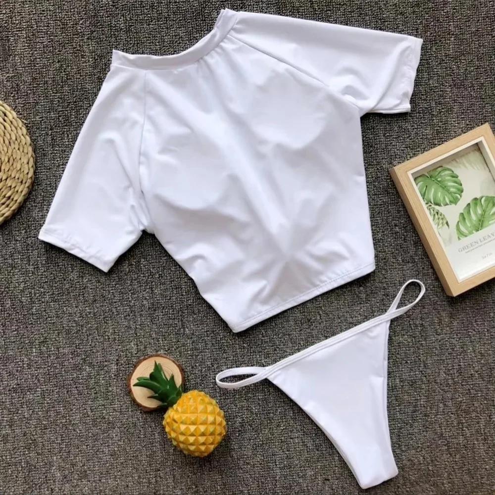 Maillot de bain deux pièces sexy 4 couleurs pour femme, à manches courtes, noué, uni, tenue de plage