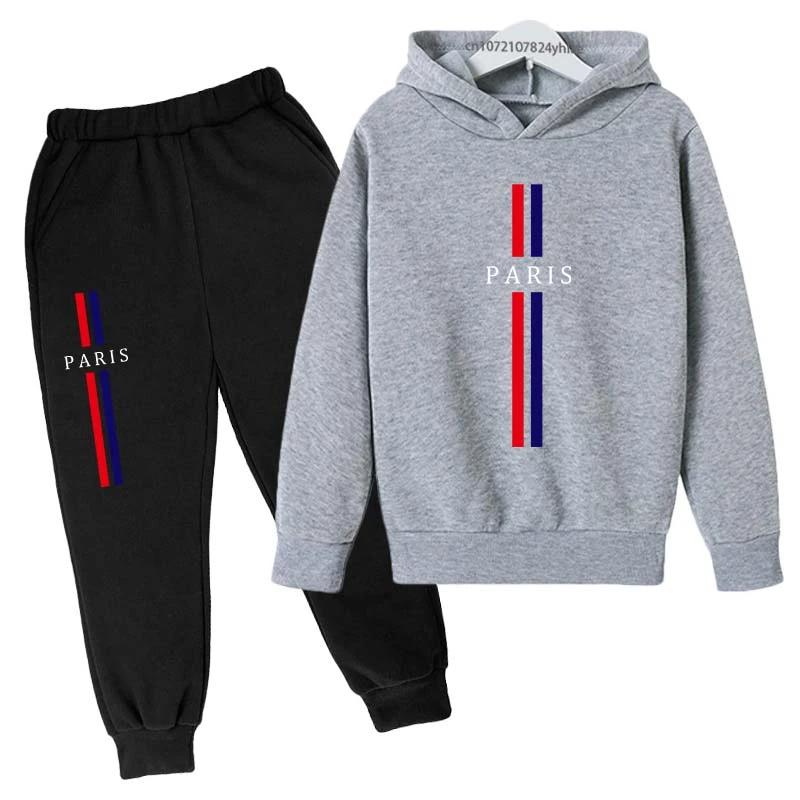 Enfants automne printemps décontracté Paris imprimer 2 pièces sweat à capuche + pantalon survêtement