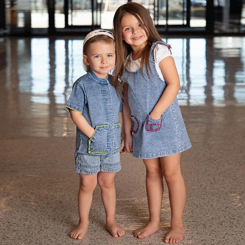 Ensemble de robe en denim pour filles, barboteuses pour bébés garçons, chemise décontractée, jupe po