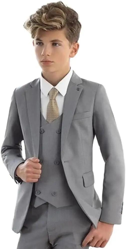 Costume pour garçons, smoking de mariage formel, Blazer à revers, pantalon, gilet, coupe cintrée, en