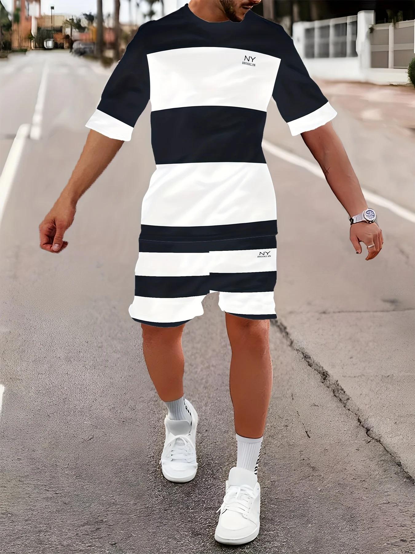 À la mode hommes été rayé imprimé micro élastique respirant col rond T-shirt ensemble short et haut