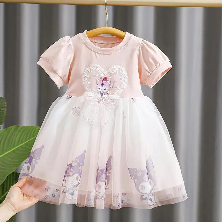 Robe de princesse en maille pour filles, tenue de princesse à manches courtes, motif dessin animé Ku