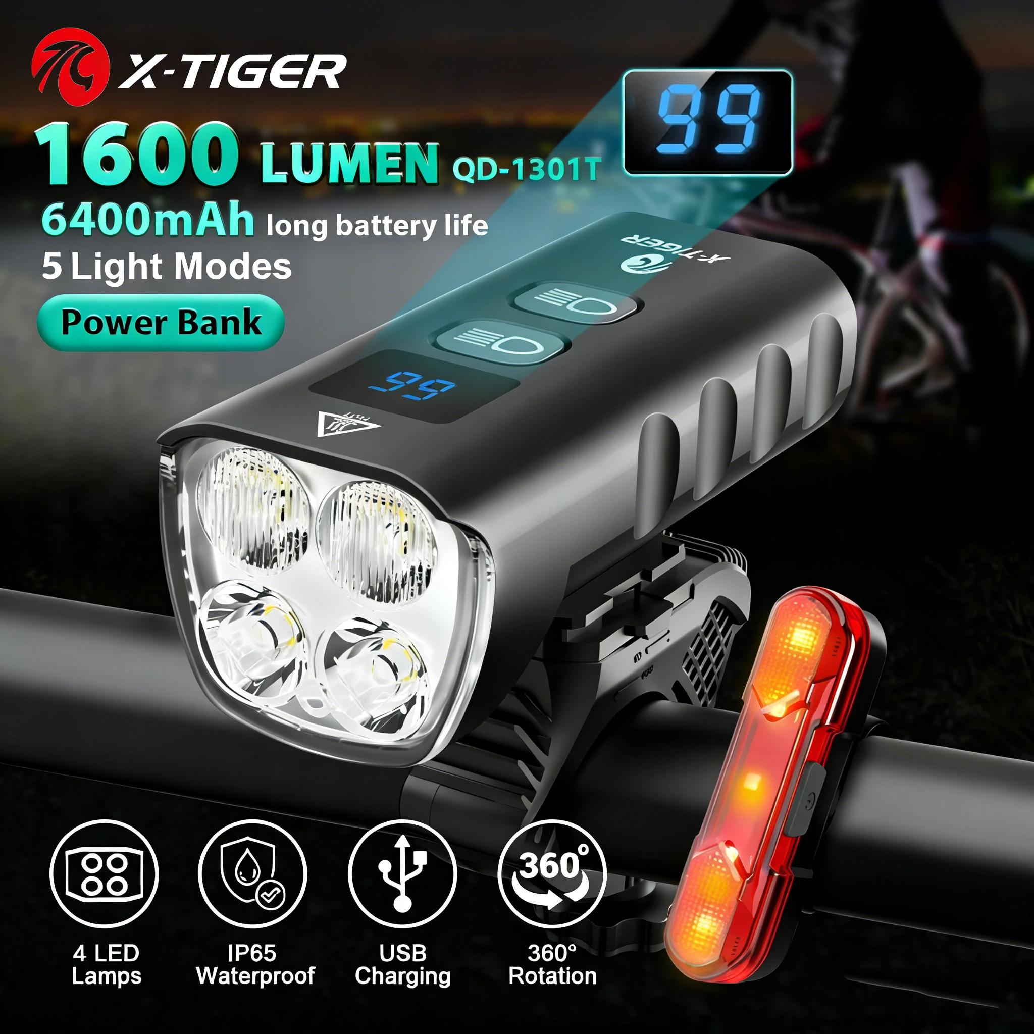 X-TIGER – lampe frontale de vélo, 6400mA, Rechargeable, 1600lm, lampe frontale de cyclisme, lampe de