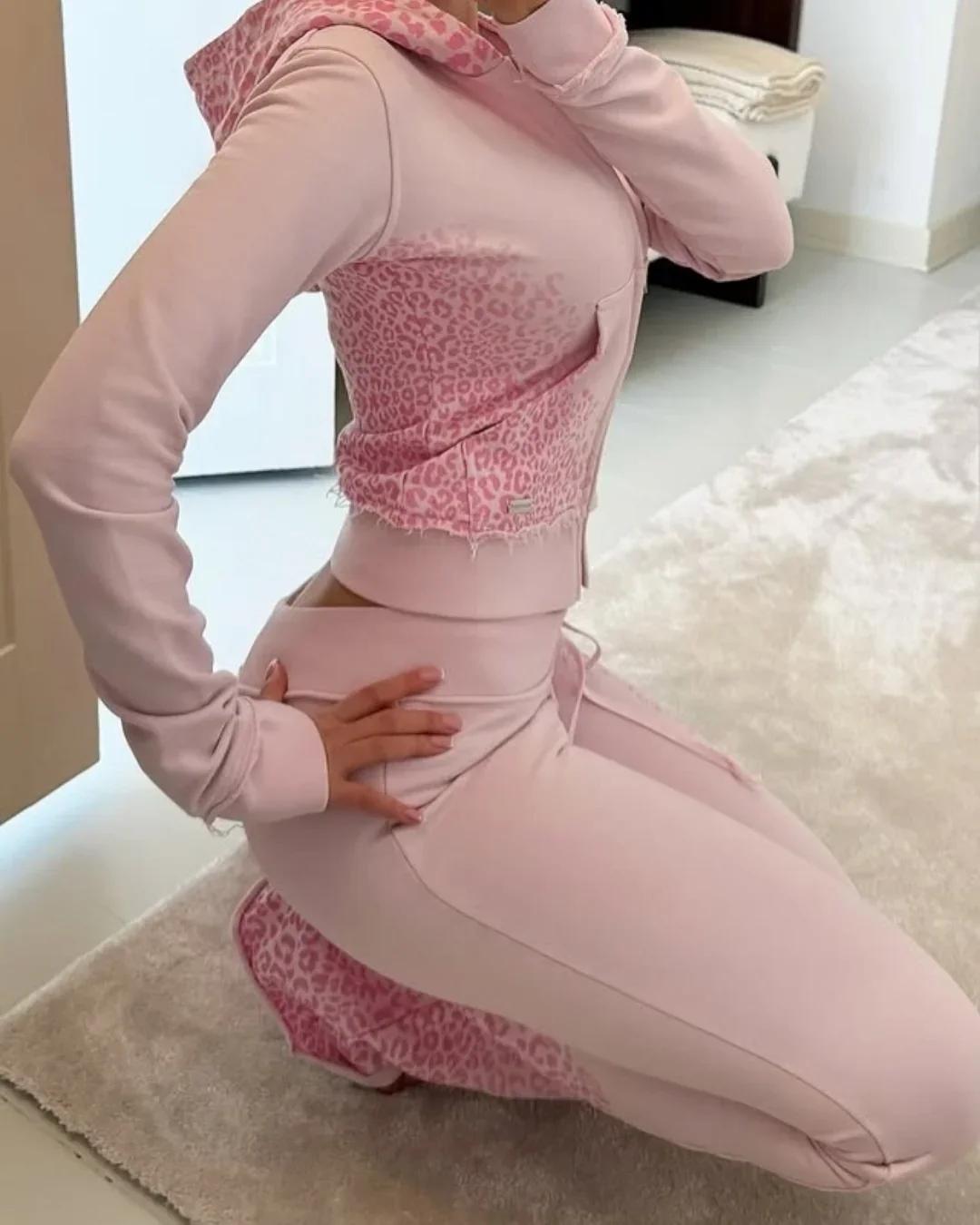 Ensemble deux pièces Y2K imprimé léopard en maille pour femme – Tenue décontractée de sport, yoga, s